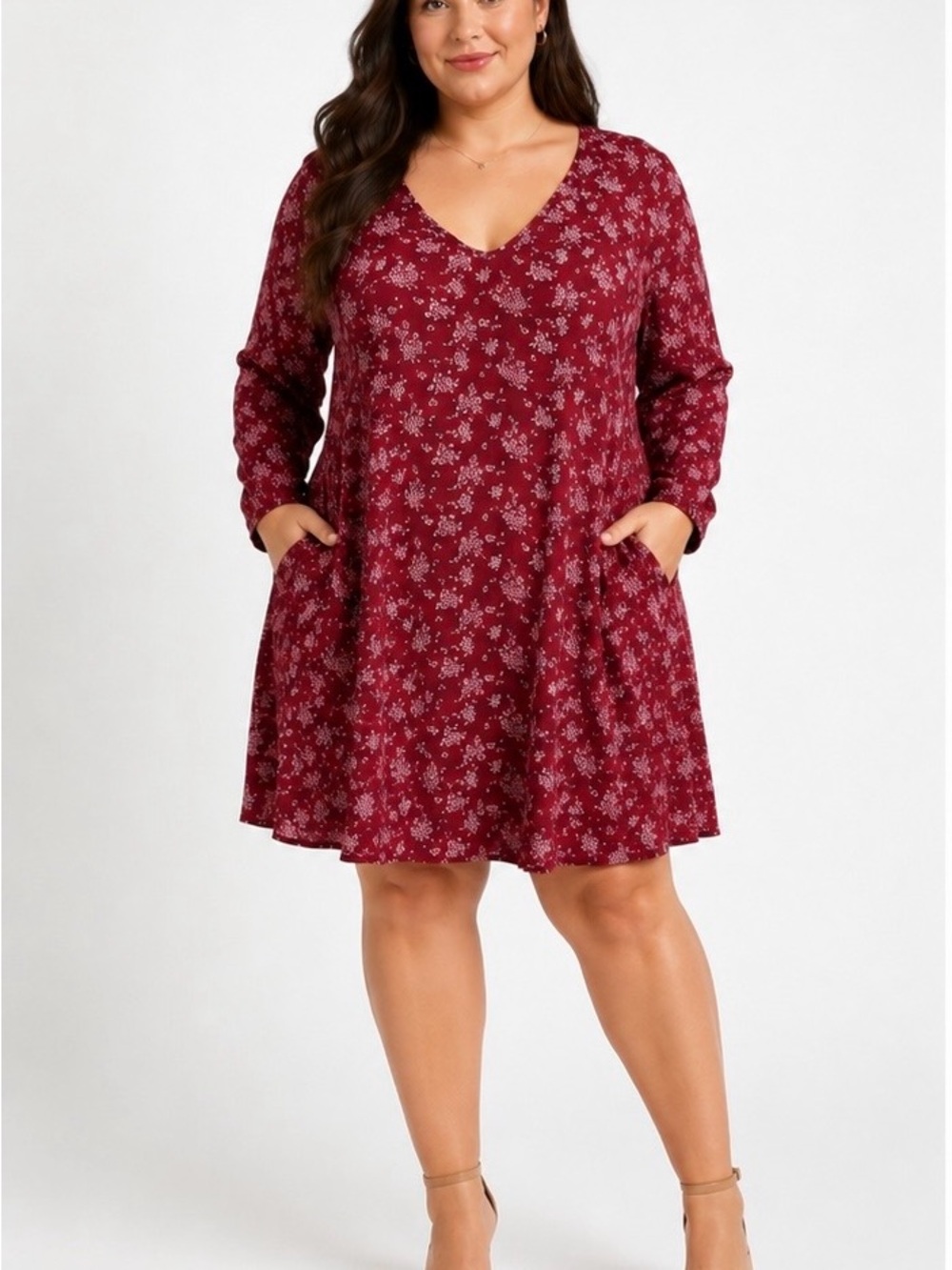 Universal Thread Burgundy Floral Long Sleeve V-Neck Swing Dress
